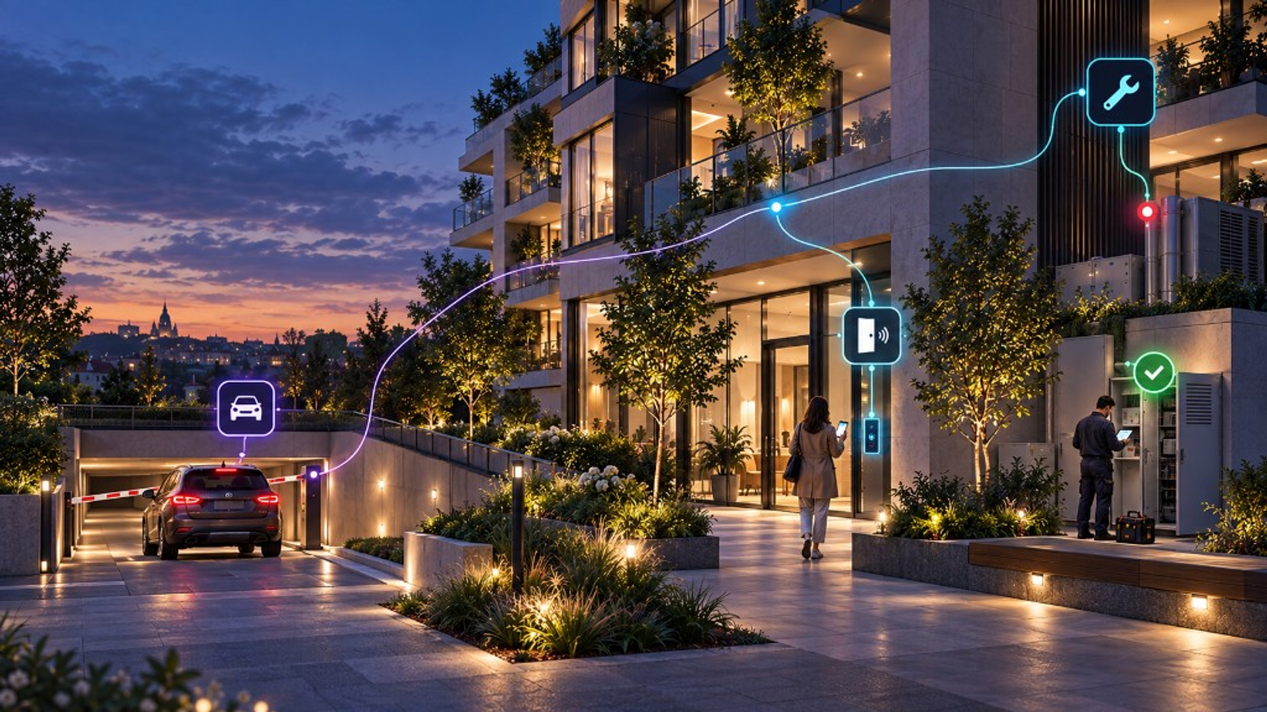Illustrative dusk scene of a residential building where parking, access, and on-site maintenance share one connected operation.